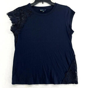 Brooks Brothers T-Shirt Women's Sz Small Navy Blue Lace Trim Cap Sleeves Casual